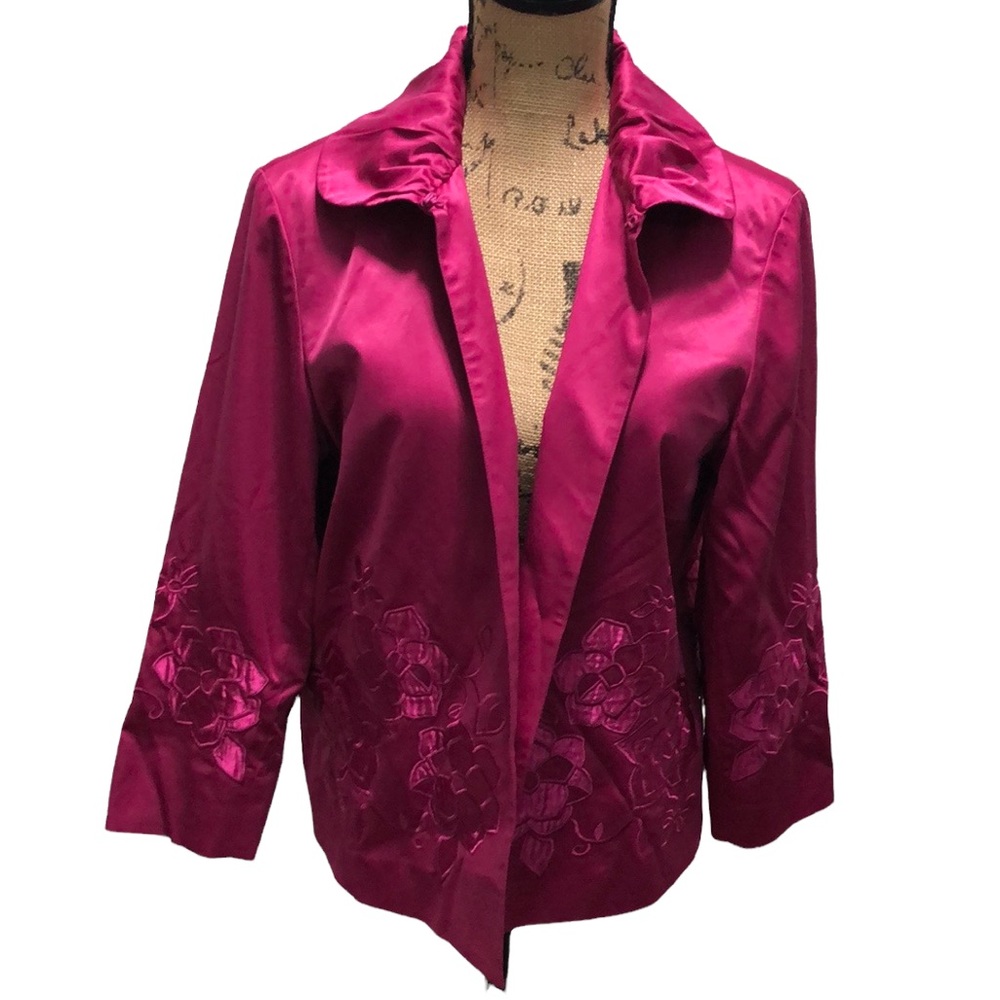 {Chico's} Top-clasp Evening Satin Magenta Embroidered Floral Applique Bl…